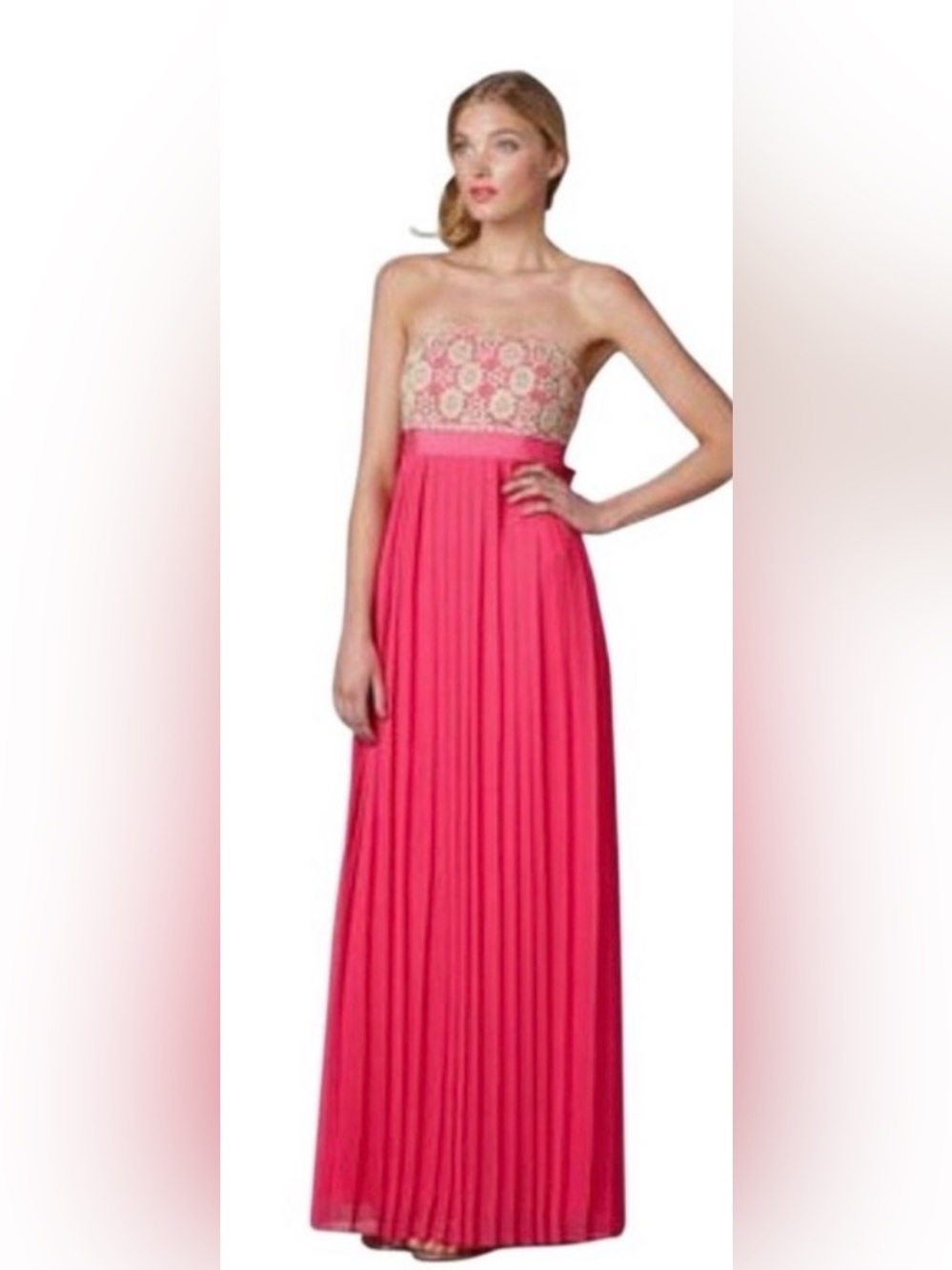 Lilly Pulitzer Pink Pleated Strapless Gold Lace Formal Gown Sz S